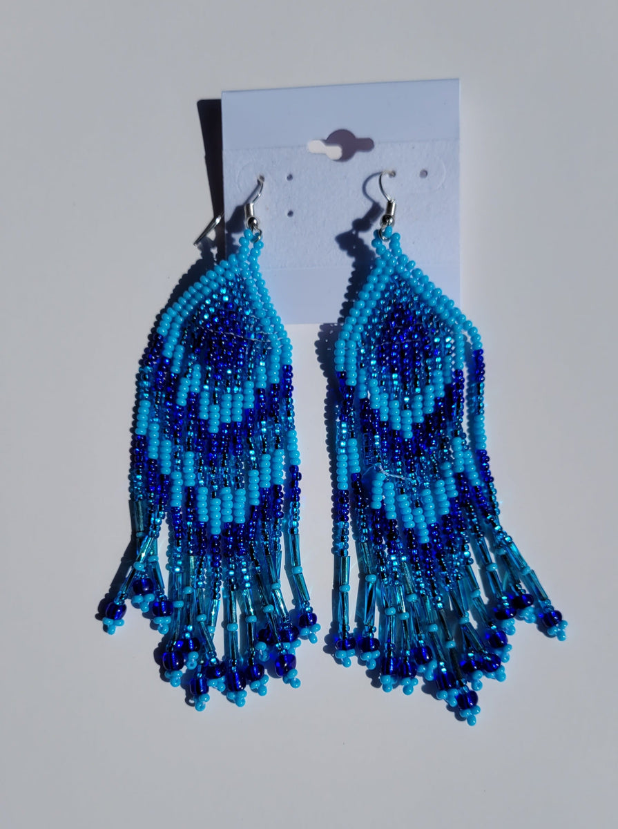 Blue Beaded Chevron Fringe Earrings North of Fifty Indigenous