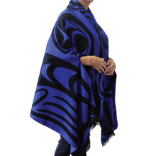 Load image into Gallery viewer, "Spirit Wolf" Reversible Fashion Cape - Royal Blue. design by Indigenous Artist Paul Windsor - North of Fifty Indigenous Boutique