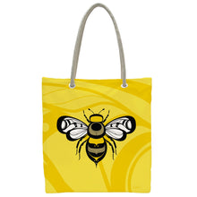 Load image into Gallery viewer, Yellow tote bag with a bee design by Indigenous artist Adam Lewis