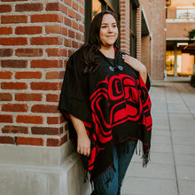 Load image into Gallery viewer, Formline black and red hooded poncho / wrap by Haida artist Ernest Swanson - North of Fifty Indigenous Boutique