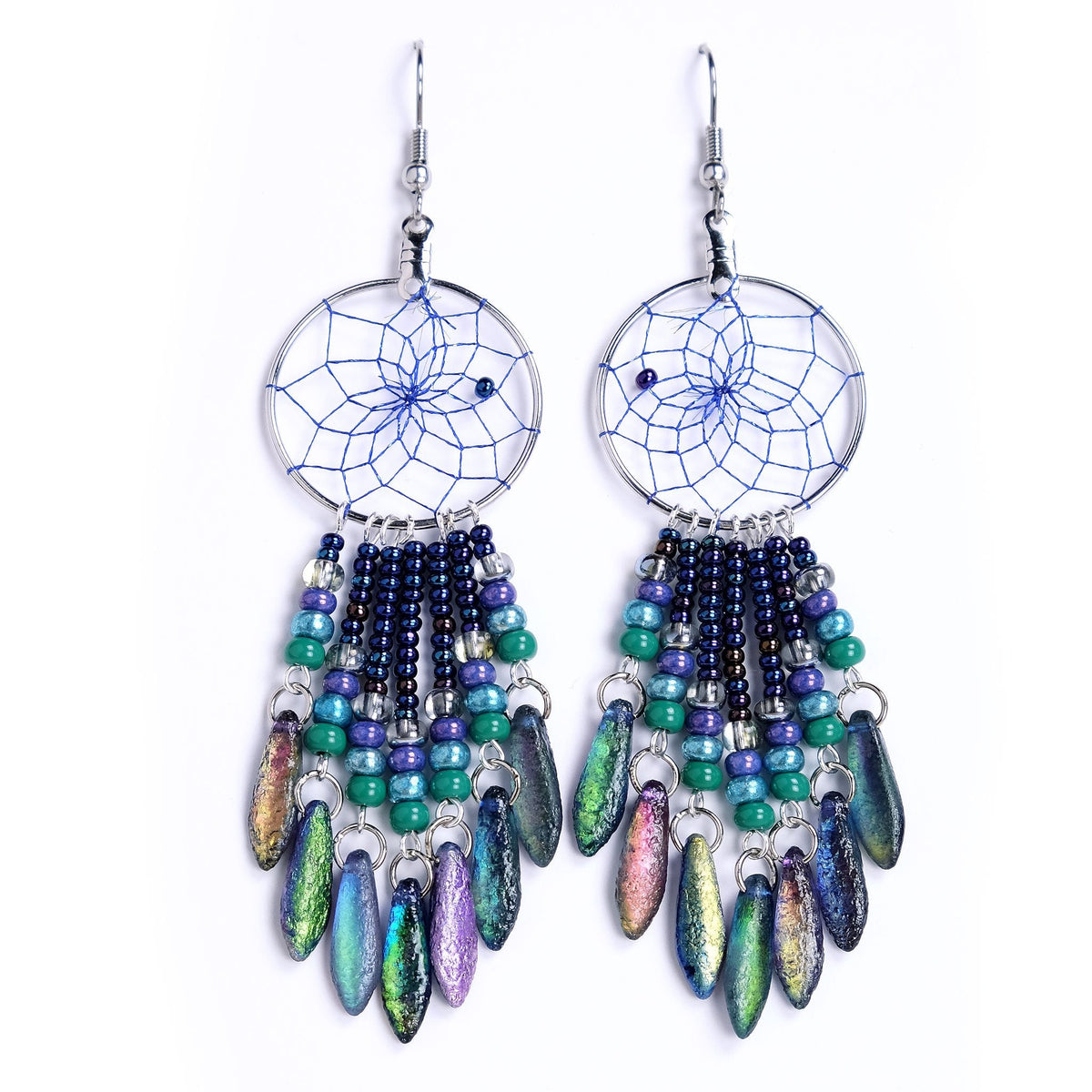 Turquoise Dreamcatcher Earrings – Surgical Steel Hook, Feather & Bead Design (Blue, Drop Style)