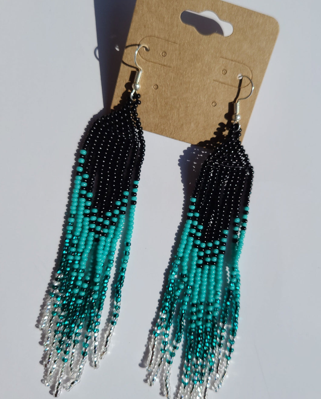 Black and teal Beaded Ombre Fringe Earrings