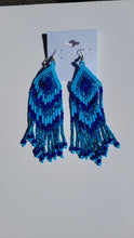 Load image into Gallery viewer, Blue Beaded Chevron Fringe Earrings
