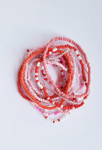 Coral and Pink beaded Bohemian elasticized bead bracelet
