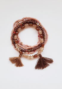 Taupe and brown beaded Bohemian elasticized bead bracelet