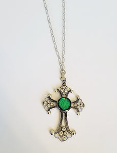 Sweater length necklace with detachable cross pendant and snap