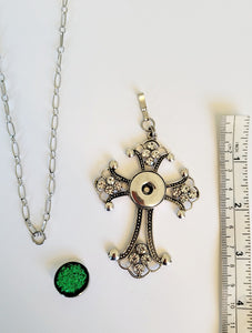 Sweater length necklace with detachable cross pendant and snap