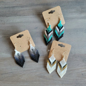 Teal black and taupe Beaded Feather Earrings