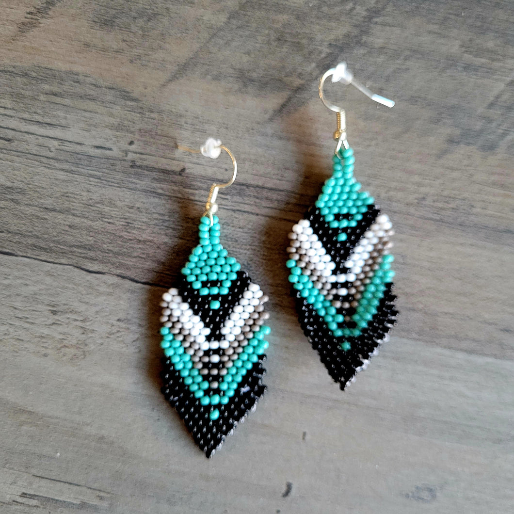 Teal black and taupe Beaded Feather Earrings