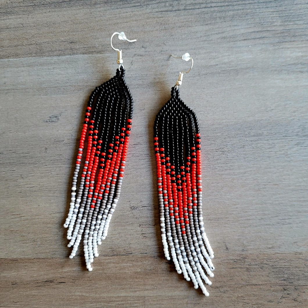 Black Red Beaded Ombre Fringe Earrings