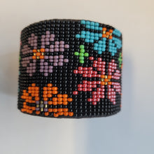 Load image into Gallery viewer, Black Beaded Floral Cuff Bracelet
