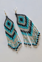 Load image into Gallery viewer, Teal and Silver Beaded Chevron Fringe Earrings
