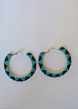 Load image into Gallery viewer, Large teal and black beaded hoop earrings - North of Fifty Indigenous Boutique
