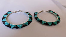 Load image into Gallery viewer, Large teal and black beaded hoop earrings - North of Fifty Indigenous Boutique
