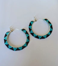Load image into Gallery viewer, Large teal and black beaded hoop earrings - North of Fifty Indigenous Boutique
