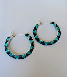 Large teal and black beaded hoop earrings - North of Fifty Indigenous Boutique
