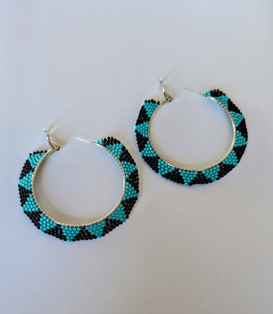 Large teal and black beaded hoop earrings - North of Fifty Indigenous Boutique