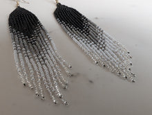 Load image into Gallery viewer, Beaded Ombre Fringe Earrings in black, grey &amp; white
