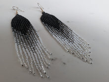 Load image into Gallery viewer, Beaded Ombre Fringe Earrings in black, grey &amp; white

