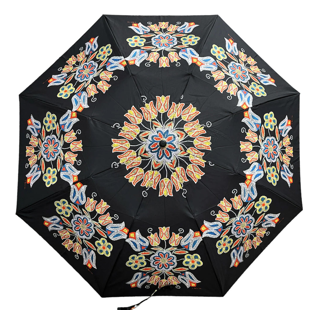 Silver Threads Collapsible Umbrella artwork by Metis artist Deb Malcolm