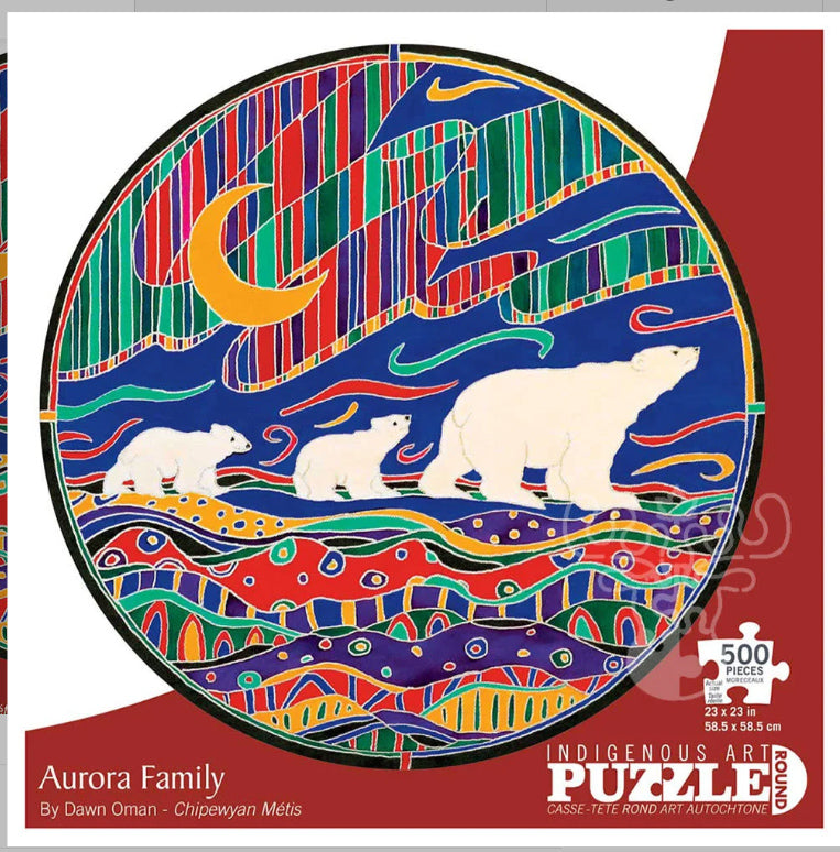 500 piece round jigsaw puzzle featuring Dawn Oman art - Aurora Family