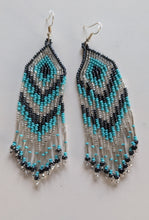 Load image into Gallery viewer, Teal and silver earrings hand made beaded North of fifty Metis
