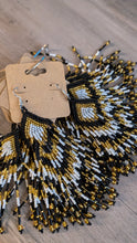 Charger l'image dans la galerie, Black White and Gold Chevron Fringe Earrings indigenous art gift by North of Fifty First Nations &amp; Métis Art Boutique Canada
