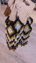 Charger l'image dans la galerie, Black White and Gold Chevron Fringe Earrings indigenous art gift by North of Fifty First Nations &amp; Métis Art Boutique Canada
