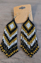 Charger l'image dans la galerie, Black White and Gold Chevron Fringe Earrings indigenous art gift by North of Fifty First Nations &amp; Métis Art Boutique Canada
