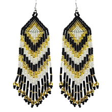 Load image into Gallery viewer, Black White and Gold Chevron Fringe Earrings - North of Fifty Indigenous Boutique
