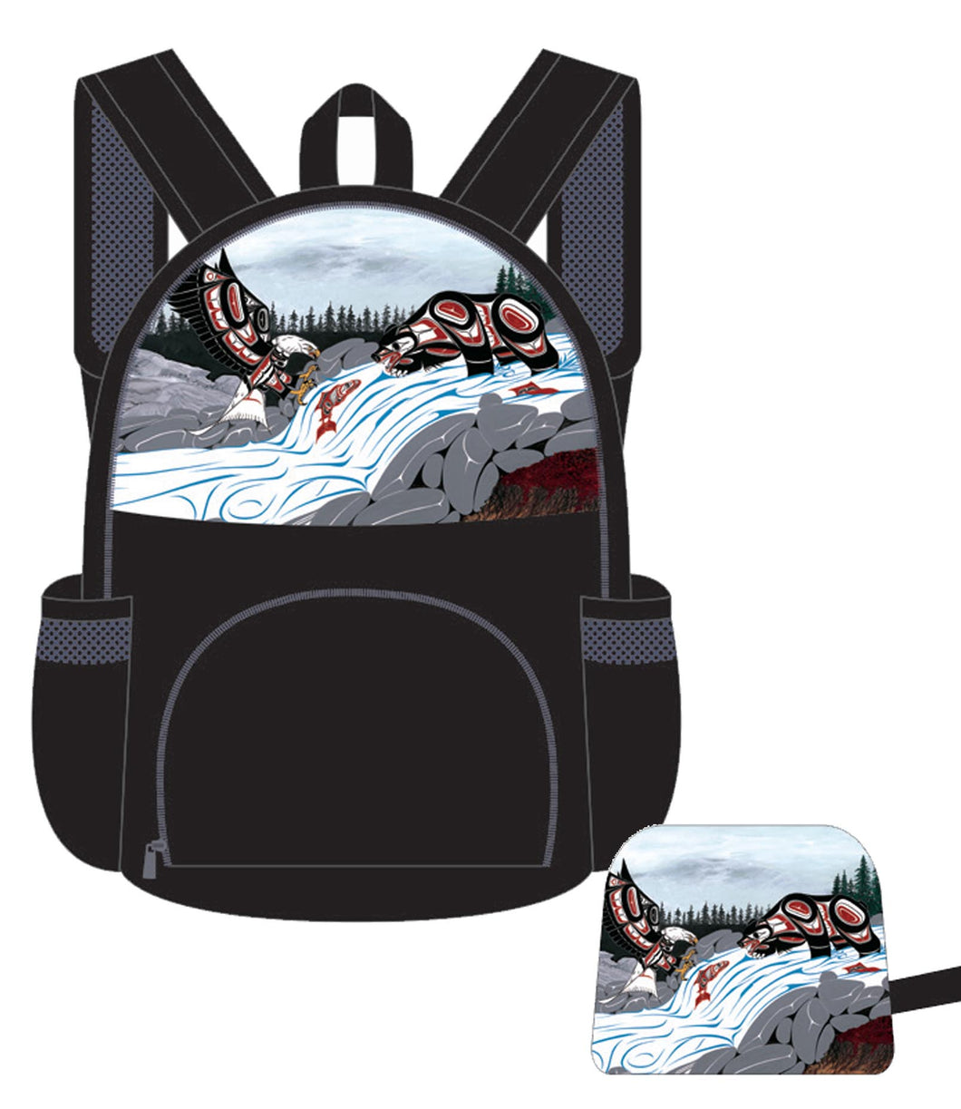 Foldable back pack featuring the artwork of Richard Shorty