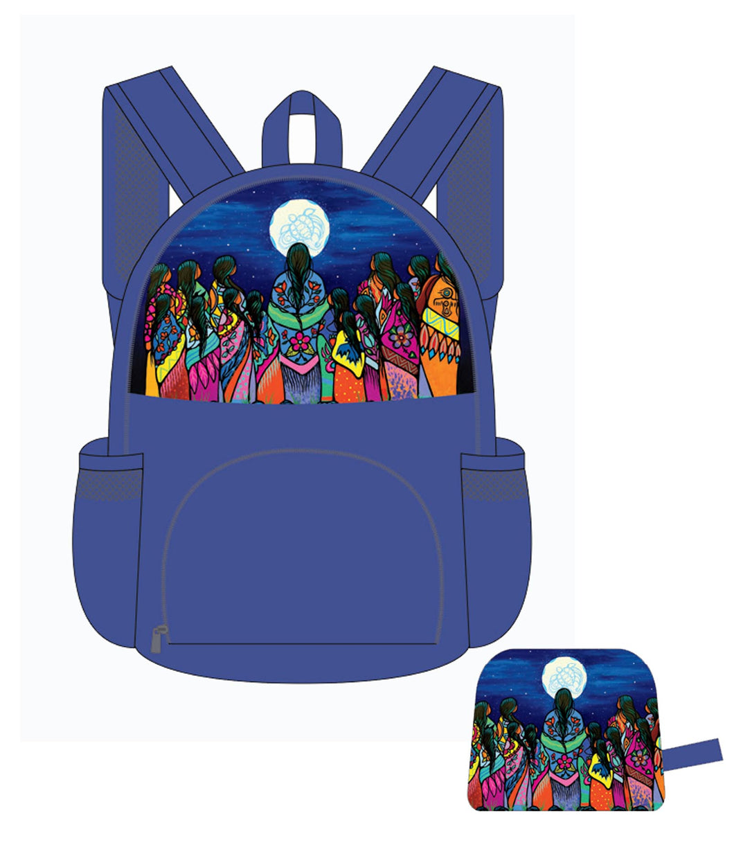 Foldable back pack featuring the artwork of Jackie Traverse