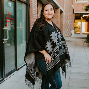 "Visions of Our Ancestors" hooded poncho/wrap by Native artist Leila Stogan - North of Fifty Indigenous Boutique
