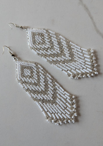 white and silver chevron pattern beaded earrings