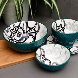 "Octopus (Nuu)" Porcelain Art Bowls in 3 different sizes, By Haida Artist Ernest Swanson