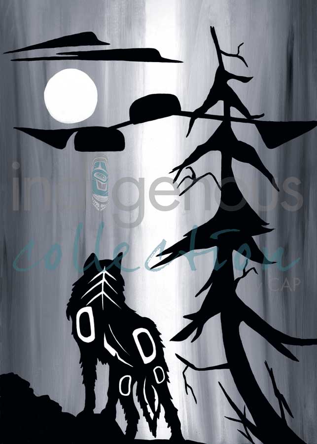 Wolf and Moon by Kwakwaka’wakw and French Canadian artist, Diane Levesque