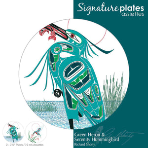"Green Heron / Serenity Hummingbird" Dessert Plates with artwork by Richard Shorty