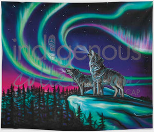 "Sky Dance Wolf song" fleece blanket, artwork by Amy Keller Rempp - North of Fifty Indigenous Boutique