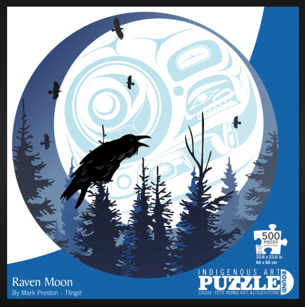 500 piece round jigsaw puzzle featuring Mark Preston art - Raven Moon