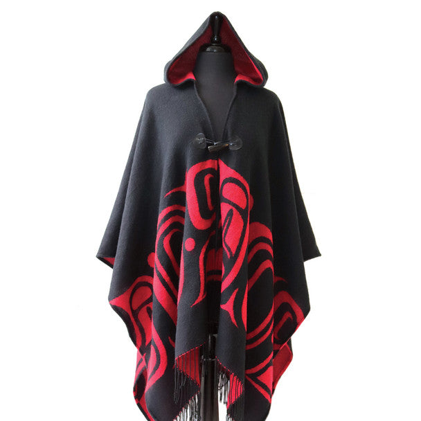 Formline black and red hooded poncho / wrap by Haida artist Ernest Swanson