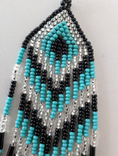 Load image into Gallery viewer, Teal and Black Beaded Chevron Fringe Earrings
