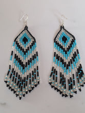 Load image into Gallery viewer, Teal and Black Beaded Chevron Fringe Earrings
