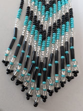 Load image into Gallery viewer, Teal and Black Beaded Chevron Fringe Earrings
