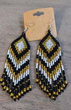 Load image into Gallery viewer, Black White and Gold Chevron Fringe Earrings - North of Fifty Indigenous Boutique
