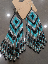 Load image into Gallery viewer, Teal and Black Beaded Chevron Fringe Earrings
