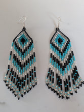 Load image into Gallery viewer, Teal and Black Beaded Chevron Fringe Earrings
