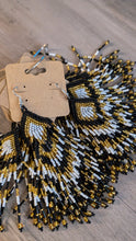 Load image into Gallery viewer, Black White and Gold Chevron Fringe Earrings - North of Fifty Indigenous Boutique
