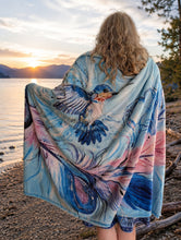 Load image into Gallery viewer, "Hummingbird Feathers" fleece blanket, artwork by Metis artist, Carla Joseph
