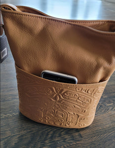 Embossed Black Leather Bear Box Handbag with design by Tlingit artist, Clifton Fred