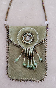 Sage green Leather and Beaded Amulet Necklace